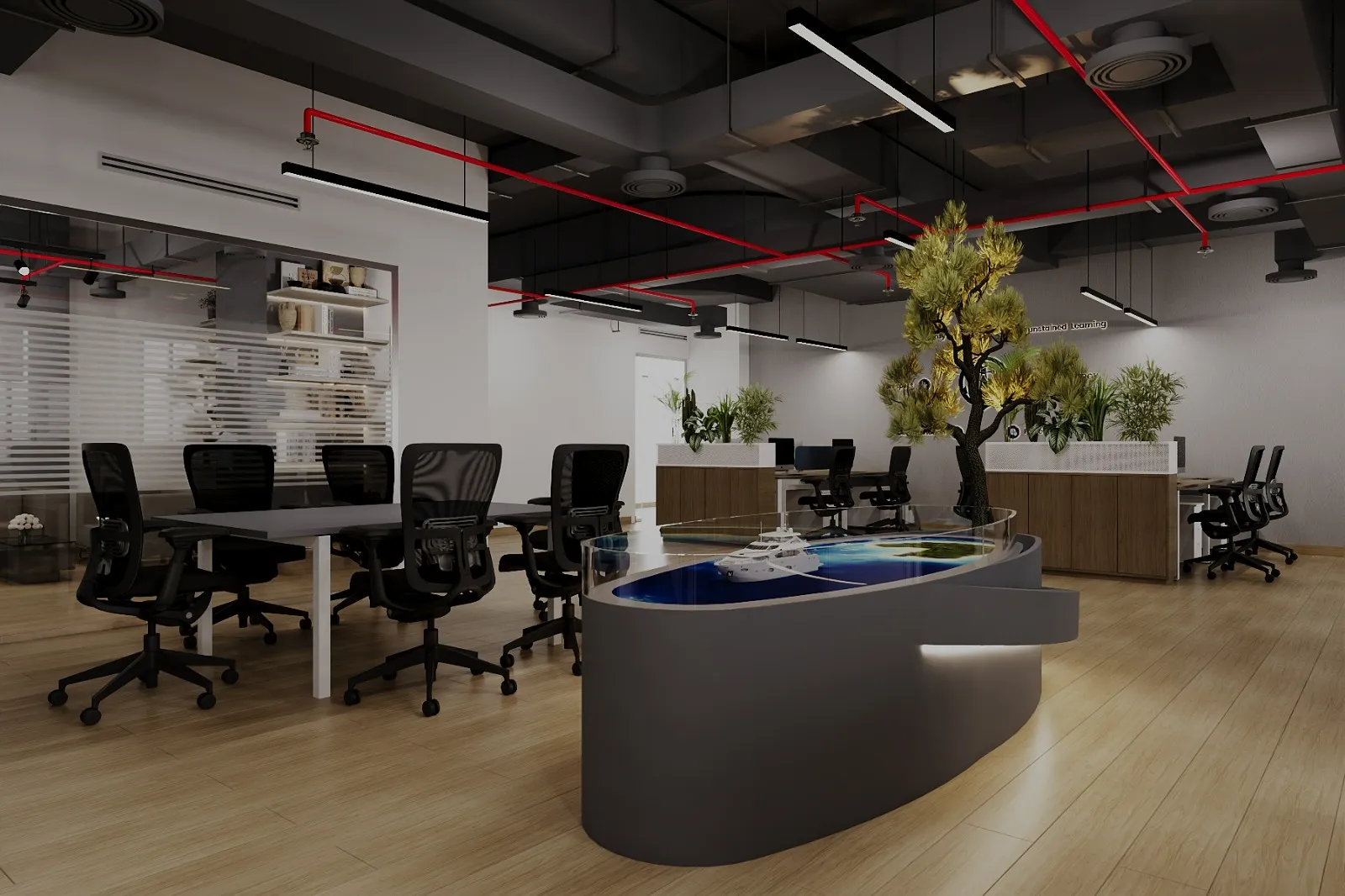 Modern office interior with collaborative workstations and a sculptural centerpiece featuring a model yacht and tree.