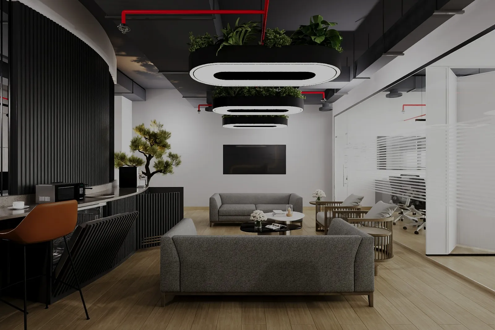 Modern office lounge area with circular pendant lighting, grey sofas, and vertical wood slat dividers.