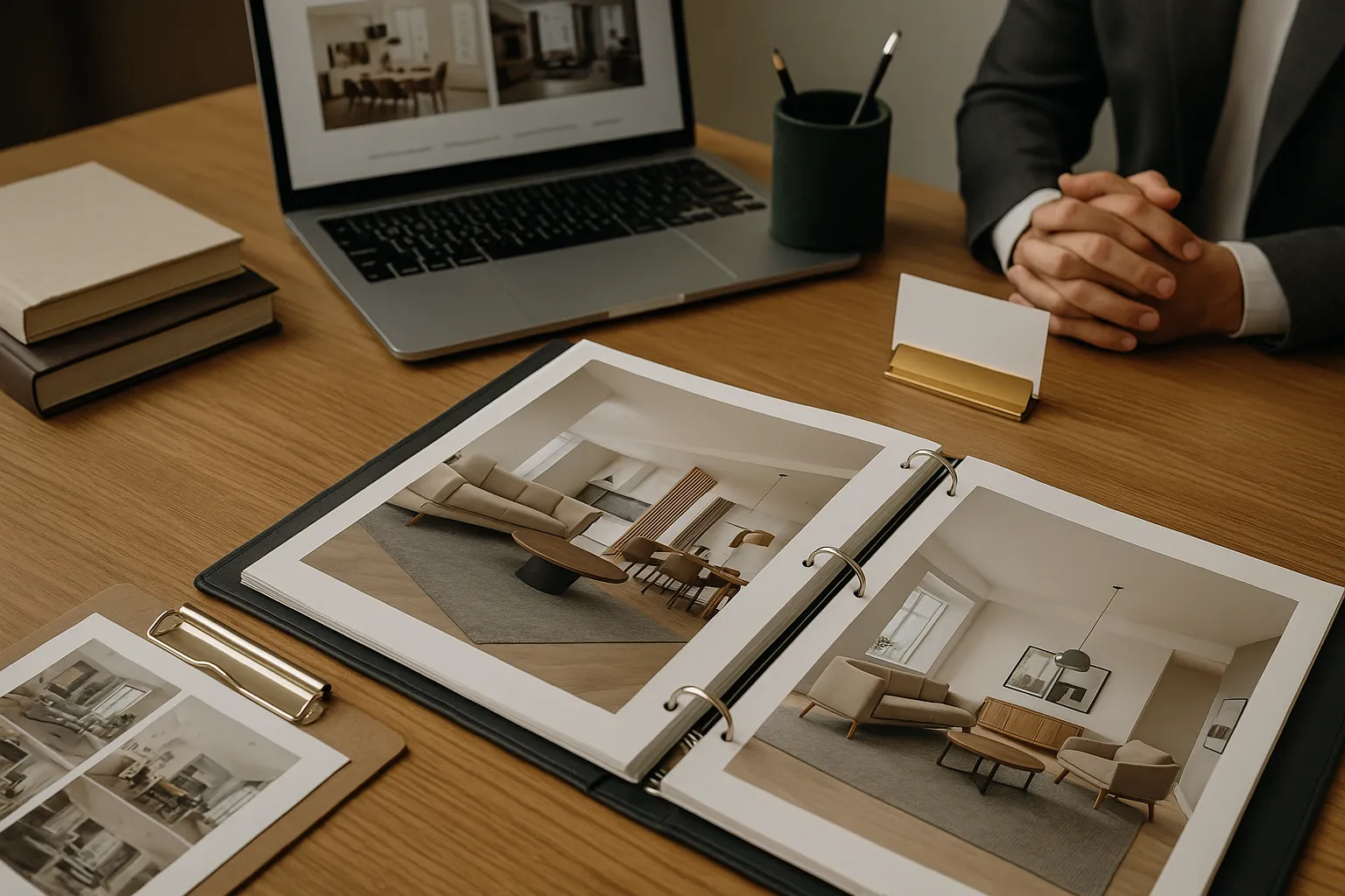 A modern interior design portfolio displayed on a wooden desk alongside a laptop, clipboard, books, and a person’s folded hands in a gray suit.